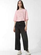 Women's Pink Knitted Casual Printed Cropped Half Sleeves Tshirt