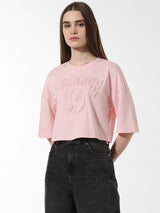 Women's Pink Knitted Casual Printed Cropped Half Sleeves Tshirt