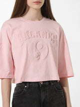Women's Pink Knitted Casual Printed Cropped Half Sleeves Tshirt