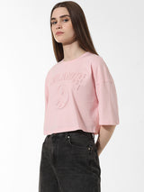 Women's Pink Knitted Casual Printed Cropped Half Sleeves Tshirt