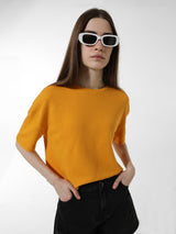 Women's Yellow Knitted Casual Solid Regular Fit Half Sleeves Tshirt