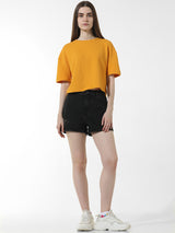 Women's Yellow Knitted Casual Solid Regular Fit Half Sleeves Tshirt