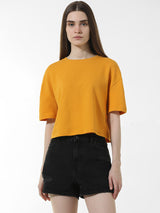 Women's Yellow Knitted Casual Solid Regular Fit Half Sleeves Tshirt