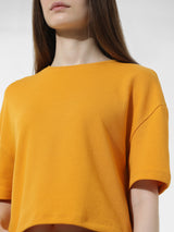 Women's Yellow Knitted Casual Solid Regular Fit Half Sleeves Tshirt
