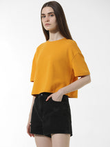 Women's Yellow Knitted Casual Solid Regular Fit Half Sleeves Tshirt