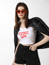 Women's White Knitted Casual Printed Cropped Sleeveless Tshirt
