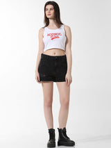 Women's White Knitted Casual Printed Cropped Sleeveless Tshirt