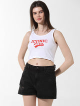 Women's White Knitted Casual Printed Cropped Sleeveless Tshirt