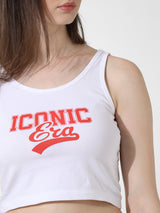 Women's White Knitted Casual Printed Cropped Sleeveless Tshirt