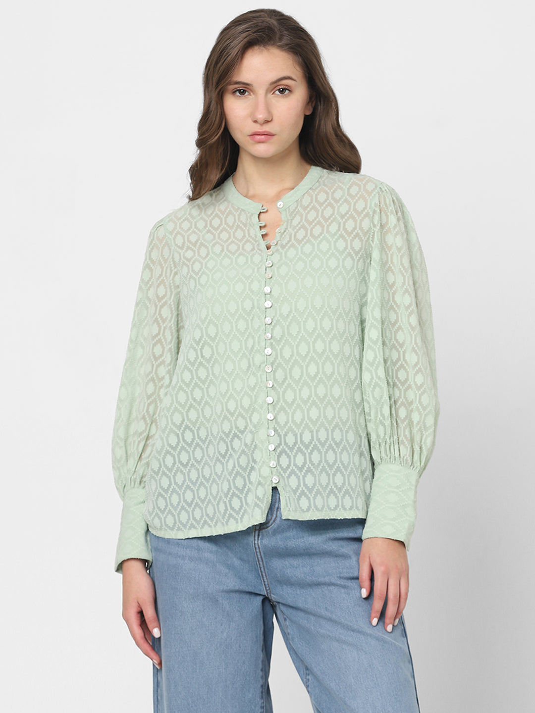 Women's Green Sheer Printed Tops