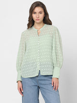 Women's Green Sheer Printed Tops
