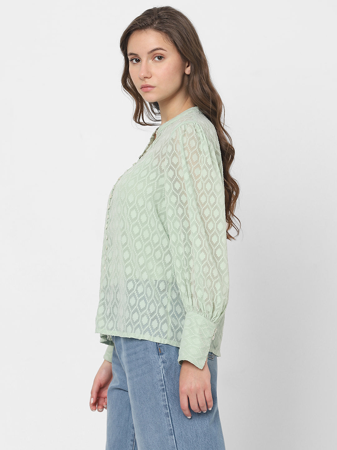 Women's Green Sheer Printed Tops