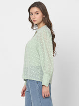 Women's Green Sheer Printed Tops