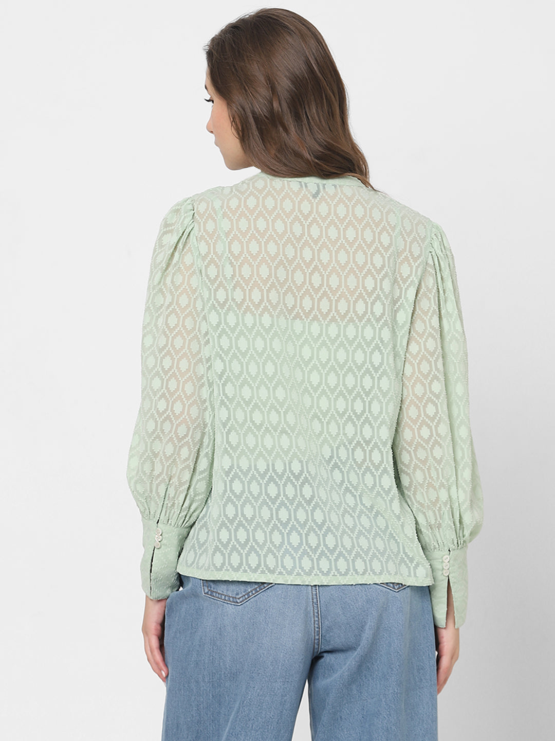Women's Green Sheer Printed Tops