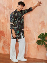Men's Black Cotton Tropical & Animal Printed Kurta