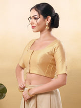 Women's Gold Taffeta Silk Padded Front Open Elbow Sleeves Saree Blouse