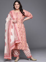 Women Pink Daily  Printed  Three-Quarter Sleeves Kurta Sets
