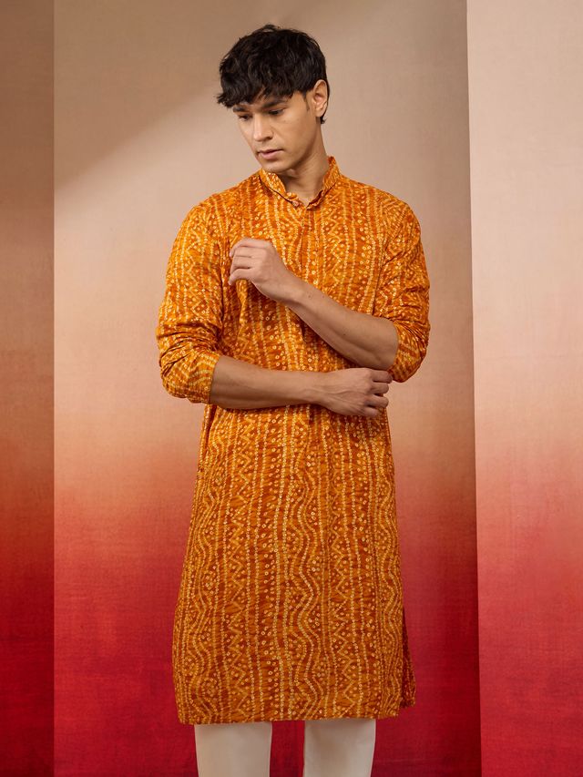 Men's Yellow Rayon Bandhani Printed Kurta