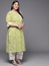 Women Green Daily  Printed  Three-Quarter Sleeves Kurta Sets