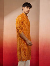 Men's Yellow Rayon Bandhani Printed Kurta