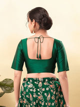 Women's Green Taffeta Silk Padded Front Open Elbow Sleeves Saree Blouse