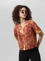 Women's Brown Woven Casual Printed Regular Fit Half Sleeves Shirt