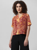 Women's Brown Woven Casual Printed Regular Fit Half Sleeves Shirt