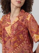 Women's Brown Woven Casual Printed Regular Fit Half Sleeves Shirt