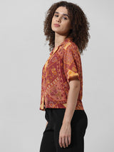 Women's Brown Woven Casual Printed Regular Fit Half Sleeves Shirt