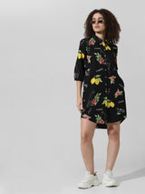 Women's Black Woven Casual Printed Above Knee Three Quarter Sleeves Dress