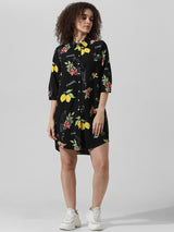 Women's Black Woven Casual Printed Above Knee Three Quarter Sleeves Dress