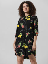 Women's Black Woven Casual Printed Above Knee Three Quarter Sleeves Dress