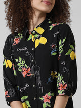 Women's Black Woven Casual Printed Above Knee Three Quarter Sleeves Dress