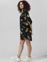 Women's Black Woven Casual Printed Above Knee Three Quarter Sleeves Dress