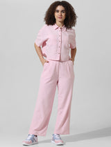 Women's Pink Woven Casual Solid Cropped Half Sleeves Shirt