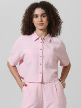 Women's Pink Woven Casual Solid Cropped Half Sleeves Shirt