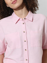 Women's Pink Woven Casual Solid Cropped Half Sleeves Shirt