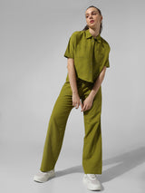 Women's Green Woven Work Solid Regular Fit Pant