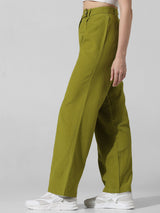 Women's Green Woven Work Solid Regular Fit Pant