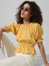 Women's Yellow Woven Casual Printed Regular Fit Half Sleeves Top