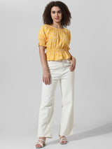 Women's Yellow Woven Casual Printed Regular Fit Half Sleeves Top