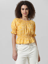 Women's Yellow Woven Casual Printed Regular Fit Half Sleeves Top