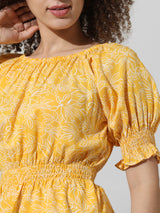 Women's Yellow Woven Casual Printed Regular Fit Half Sleeves Top