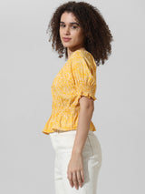 Women's Yellow Woven Casual Printed Regular Fit Half Sleeves Top