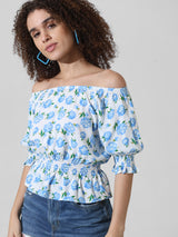 Women's White Woven Casual Printed Regular Fit Half Sleeves Top