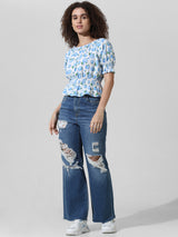 Women's White Woven Casual Printed Regular Fit Half Sleeves Top