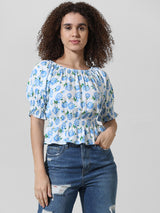 Women's White Woven Casual Printed Regular Fit Half Sleeves Top