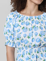 Women's White Woven Casual Printed Regular Fit Half Sleeves Top
