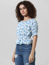 Women's White Woven Casual Printed Regular Fit Half Sleeves Top