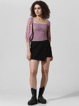 Women's Blue Woven Casual Printed Regular Fit Half Sleeves Top
